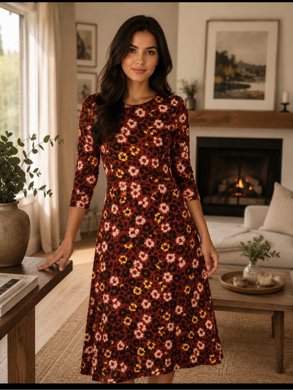 The Kooples Burgundy Floral Midi Dress with Pink and Yellow Blooms